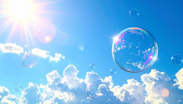 青空と光の中に浮かぶシャボン玉の爽やかな背景素材