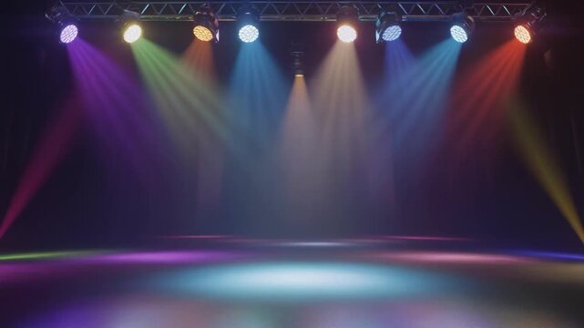 Empty Stage with Colorful Spotlights and Bright Projectors for Scene Lighting