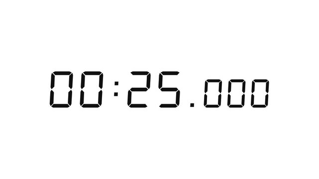 7 digits black digital countdown timer starting at 00:30:00 (30 seconds) on white background, featuring crisp seven-segment numerals with minutes, seconds, and milliseconds displayed prominently.