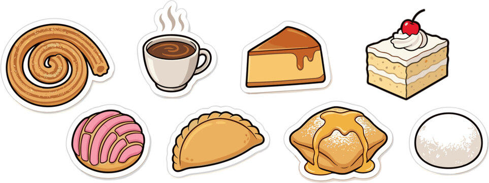 Traditional Mexican desserts and coffee sticker set featuring concha and churros vector illustration