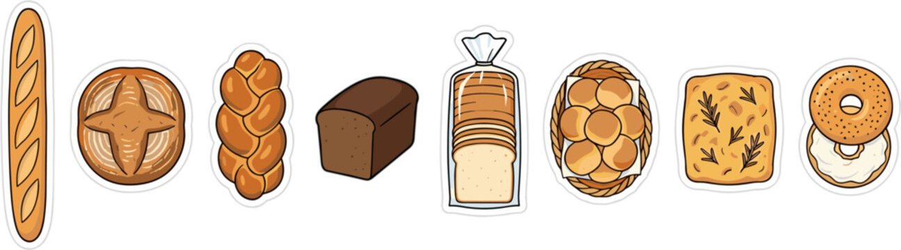 Assorted bakery bread types collection isolated on white background sticker vector illustration