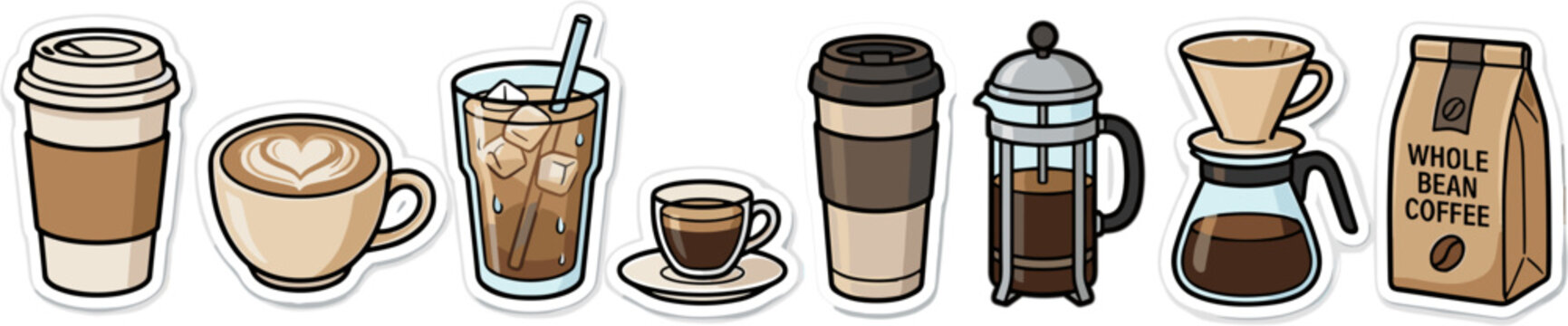 Assorted coffee cups and brewing equipment sticker set isolated on transparent background vector illustration