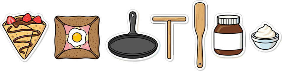 French crepe making set with sweet and savory pancakes and kitchen tools isolated vector illustration