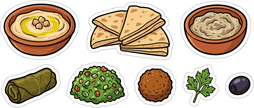 Middle Eastern mezze food stickers including hummus falafel and pita bread vector illustration