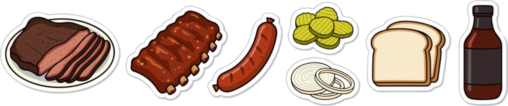 Set of barbecue food stickers including brisket ribs and sausage vector illustration