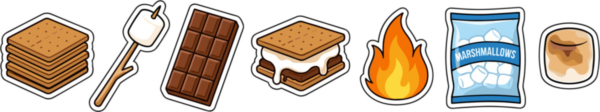 Smores campfire treat sticker set featuring chocolate graham crackers and marshmallows vector illustration