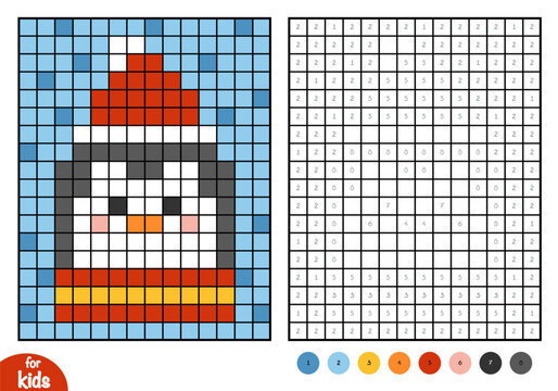 Cute head of penguin with winter hat from pixel blocks. Color by number educational game in coloring page format for children. Square grid puzzle for practicing numbers and colors about Christmas
