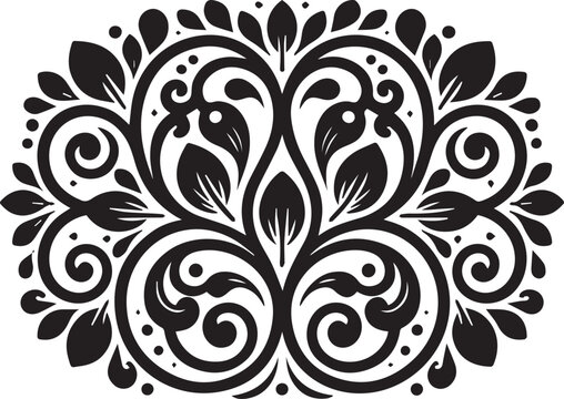 Black floral swirl design, ornate vector pattern, decorative leaf motifs, symmetrical illustration