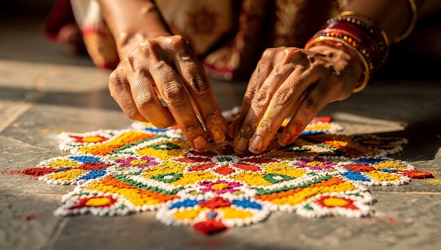 A person creating a vibrant and intricate rangoli design on the floor with colored powder