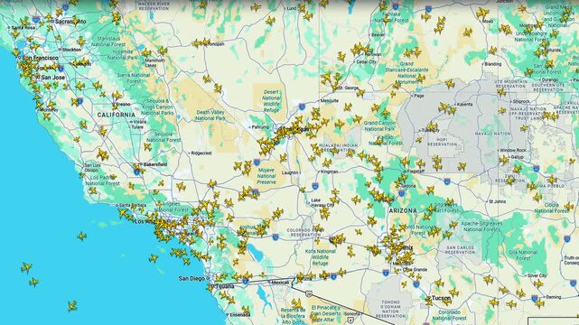 Air traffic map with airplanes over California and Arizona region, Continental visualization of aircraft positions and active airspace