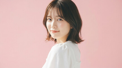 Fototapeta premium Smiling young Japanese woman looking over shoulder on pink background with copy space