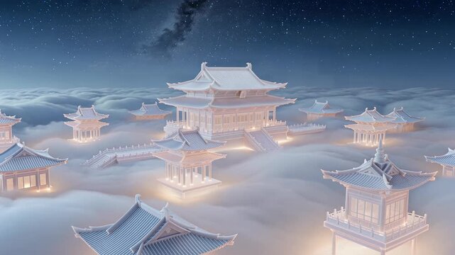 Snowy pagodas and temples illuminated at night in a serene landscape