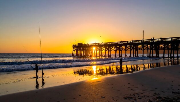 Sunset pier fishing scene