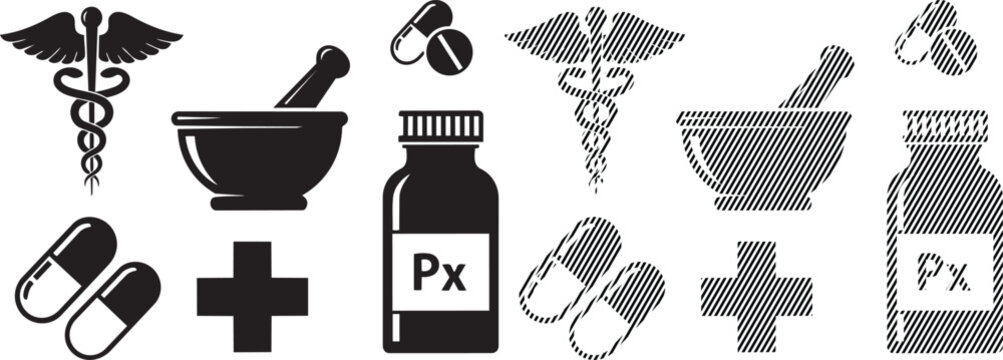 Collection of icons representing various aspects of pharmacy and medicine