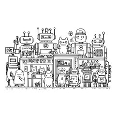 Obraz premium Whimsical cartoon scene depicts a bustling futuristic cafe filled with diverse friendly robots and cute cat like characters interacting serving drinks and food behind a counter