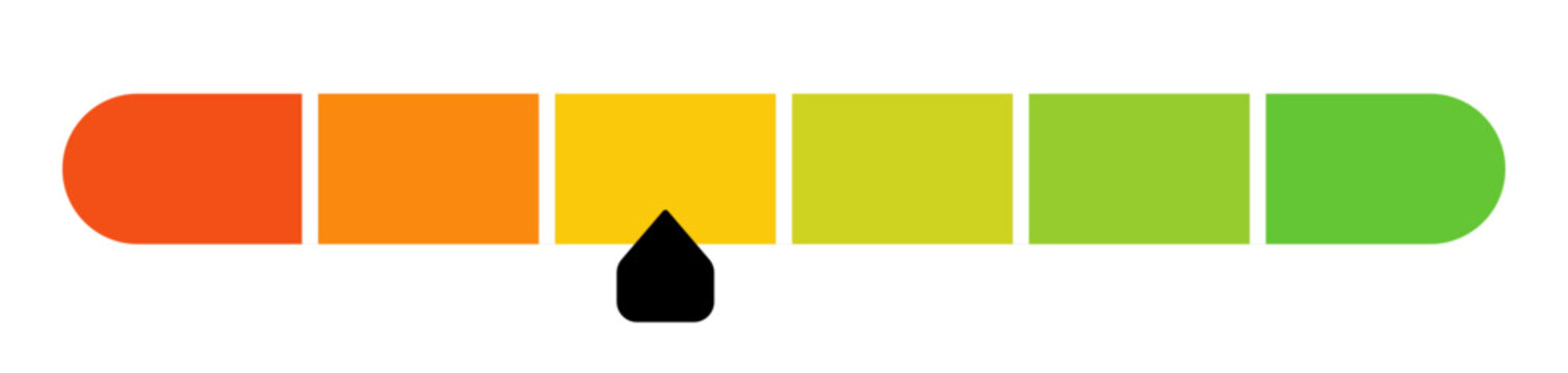 Rating slider scale with feedback, level, score, indicator, selection control. Gradient bar from low to high for evaluation, satisfaction rating, user input slider, vector illustration