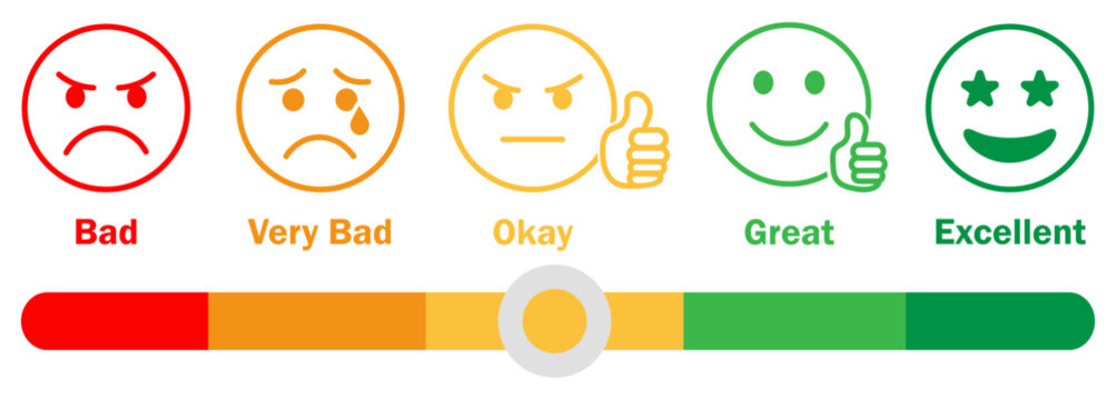 Smile rating scale with feedback slider showing bad, very bad, okay, great, excellent satisfaction levels. User review interface with emoji faces, rating bar, feedback system, survey scale