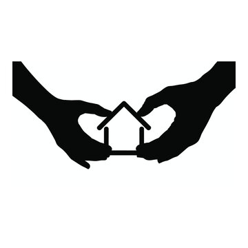 Silhouette of two hands holding a small house icon, representing real estate, home ownership, and property protection