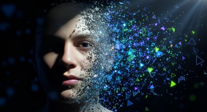 A man's face is partially disintegrating into a vibrant cloud of blue and green geometric shapes and particles