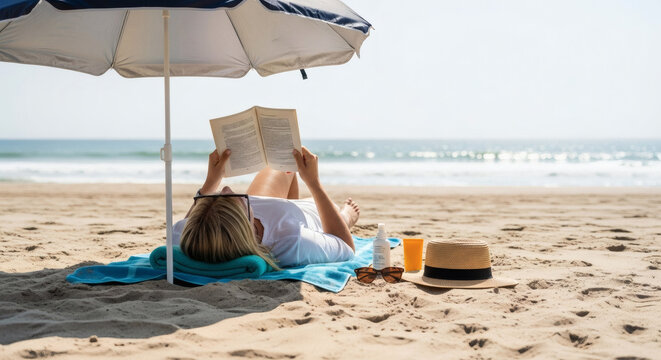 A woman lies on a blue towel under a beach umbrella, reading a book with a straw hat and orange drink nearby, enjoying a peaceful day at the ocean.