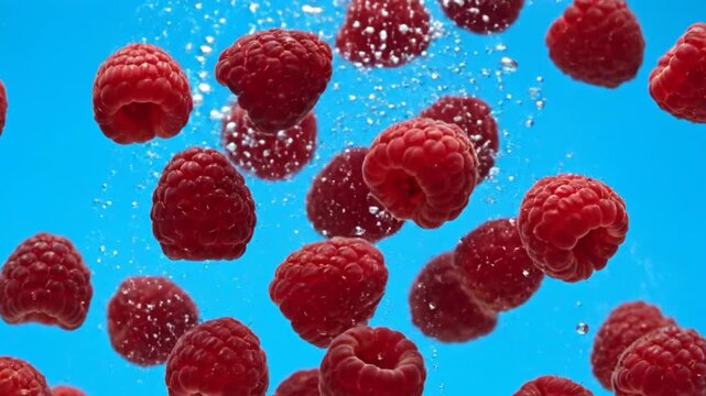 Slow Motion Raspberries Dropping into Crystal Clear Blue Water with White Bubble Trail Effect