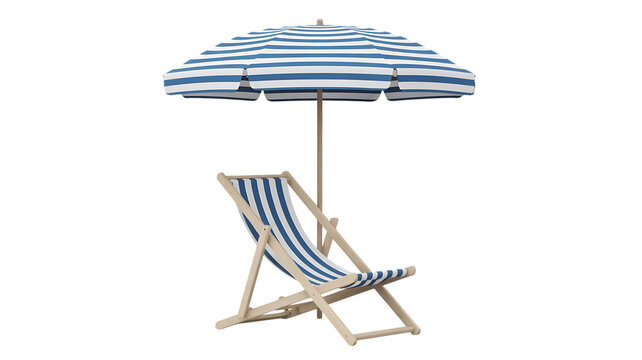 Blue and white striped wooden deck chair positioned underneath a matching large beach umbrella set