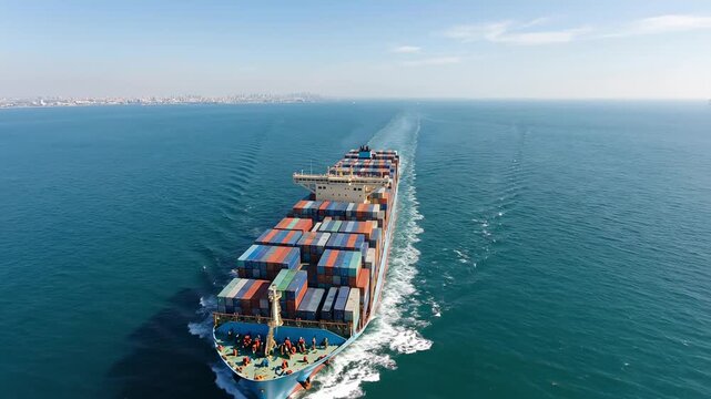 Aerial view of a large container ship in the ocean. Cargo vessel transporting goods across the sea. Global trade and logistics concept