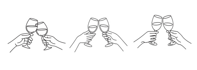 Fototapeta premium Celebration Toast Hands Holding Glasses Line Art Design