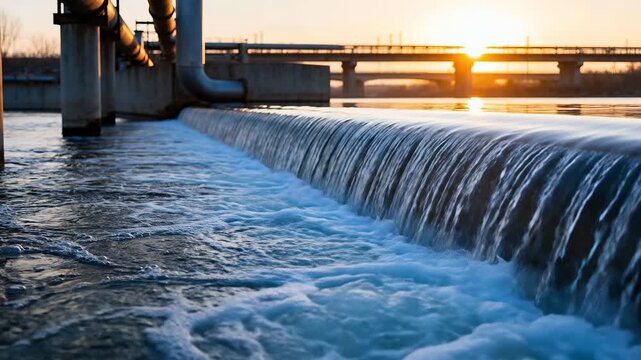 Water flowing over a dam spillway at sunset. Industrial pipes and bridge in the background. Water management and environmental infrastructure concept