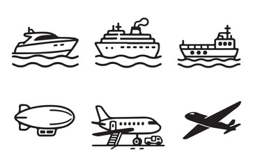 Obraz premium Black and white icons depicting various modes of transportation on water and air