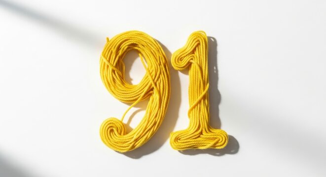 Yellow Spaghetti Number Ninety-One on a White Background with Shadows