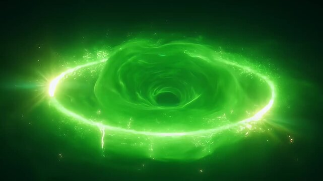 Abstract portal of swirling green energy and bright light in dark abyss