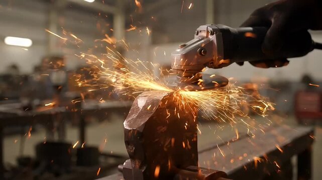 Angle grinder in operation, sparks and metal dust flying, metal processing