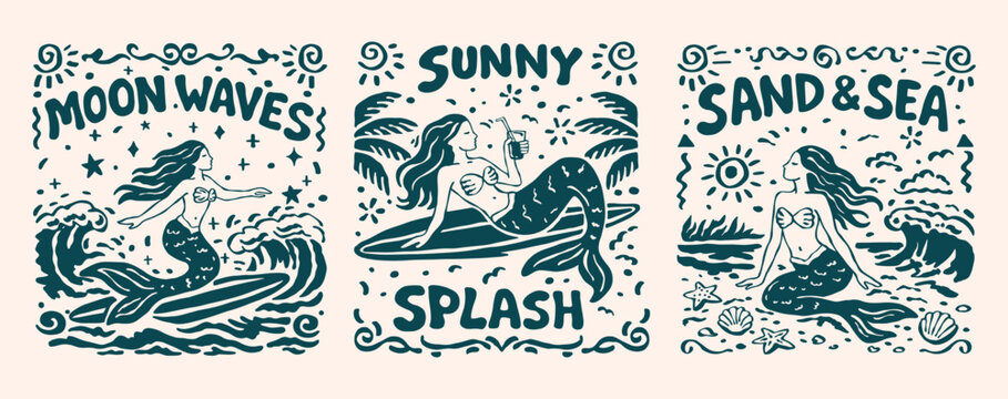 Retro hand drawn mermaid vector illustration set with ocean waves, surfboards, sun, moon, shells and decorative elements. Vintage surf style graphic collection for prints, apparel, posters, stickers