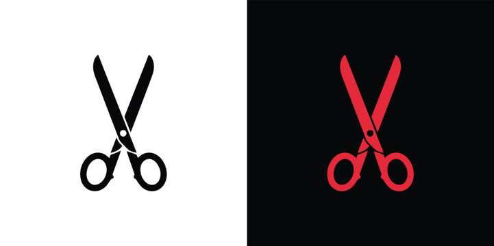 Black and red scissors on white and black backgrounds