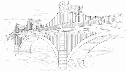 Fototapeta premium A detailed vector illustration of a medieval castle bridge in a minimalist line art style