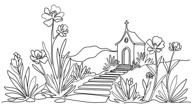 A serene vector illustration of a small church surrounded by flowers and stairs leading up to it