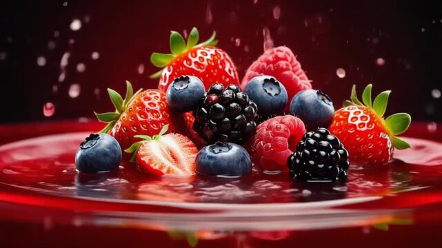 Fresh mixed berries splashing in red juice with strawberries blueberries raspberries and blackberries
