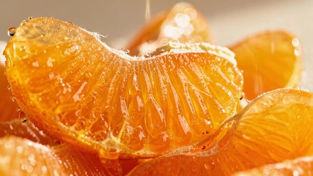 Close-up of fresh juicy mandarin orange segments with water droplets on a soft background