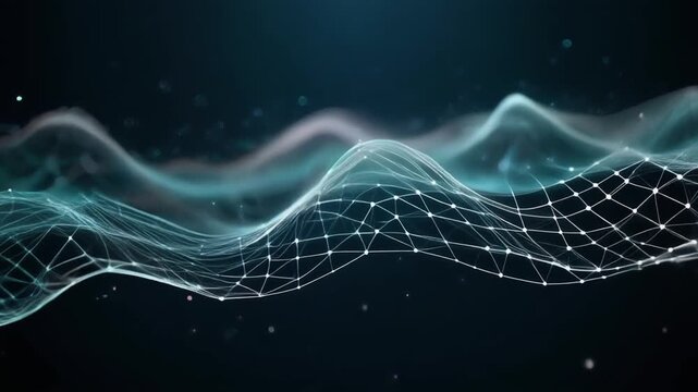Abstract digital wave with futuristic network connections and glowing particles on dark background