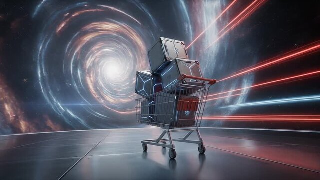 Futuristic shopping cart with glowing boxes in a space tunnel with vibrant light streaks and cosmic vortex