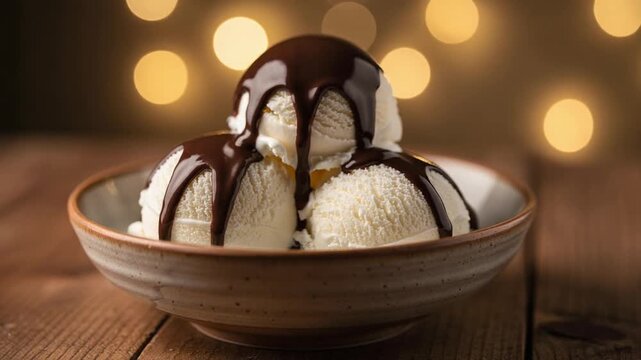 Delicious vanilla ice cream scoops topped with rich chocolate sauce in a ceramic bowl with warm bokeh lights