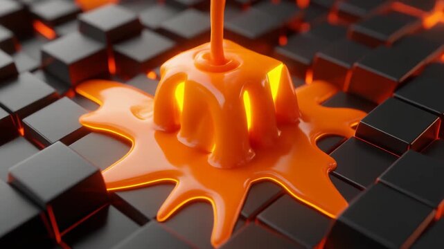 Thick glowing orange liquid pouring over black 3D cubes abstract background