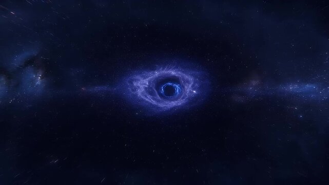Majestic black hole surrounded by ethereal blue energy and distant starlight