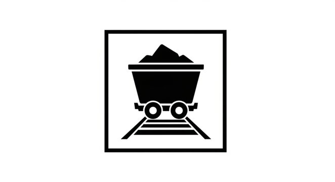 Black and White Mine Cart Icon with Coal on Rails.
