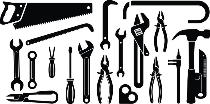 Black and white of various hand tools including wrenches pliers hammers and screwdrivers arranged in a grid pattern