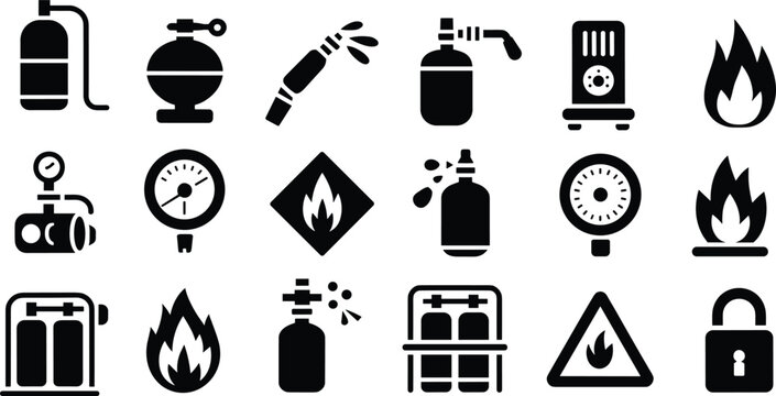 Black and white of gas cylinders, fire safety equipment, and related symbols fire extinguisher propane tank