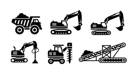 Construction Equipment Icons - Dump Truck, Excavators, Drill, and Conveyor. © Wahyu
