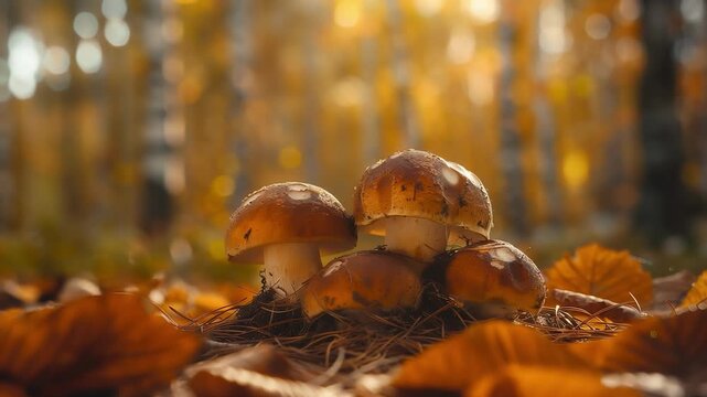 Close-up of stacked brown mushrooms on pine needles in a sunlit autumn forest; warm golden light highlights earthy textures and natural detail