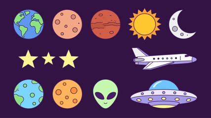 Set of Cute Cartoon Space Elements, Planets Sun Moon Stars Alien UFO and Airplane, Isolated on Dark Purple Background Vector Illustrations © 张锋